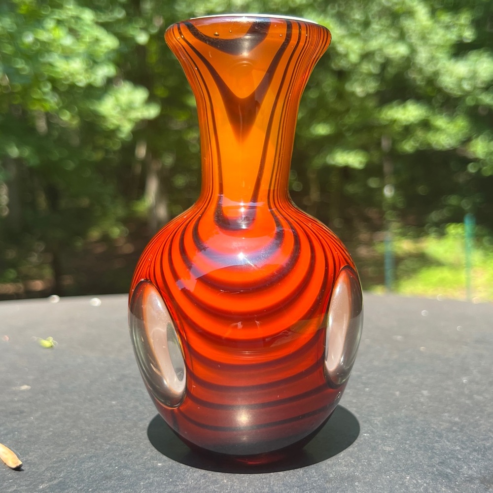 Tiger Stripe Murano Style Art Glass Vase W/Clear Oval Panels, MCM House Decor
